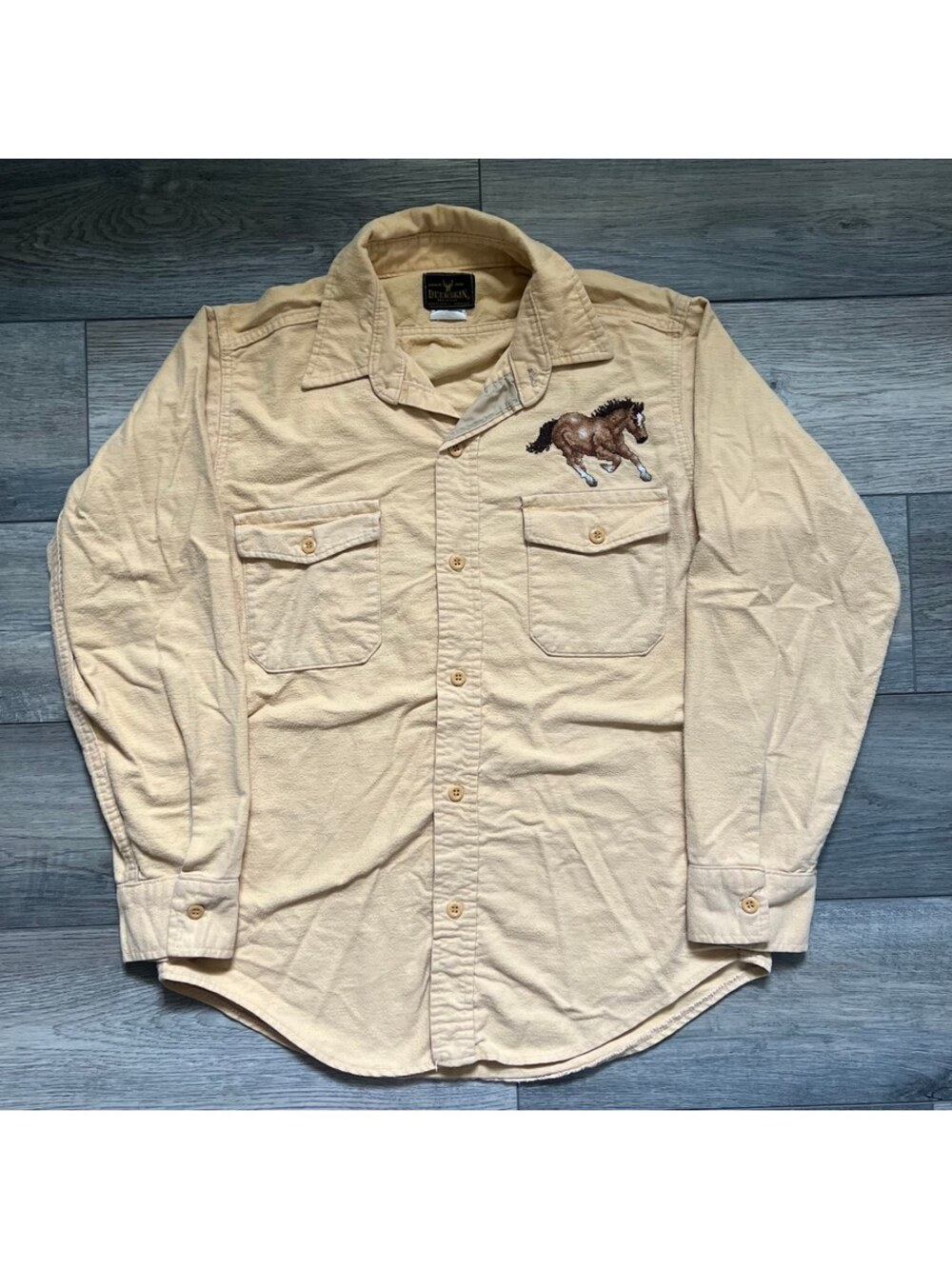 Vintage Deerskin Men's L Chamois Flannel Shirt Yellow Embroidered Horse USA